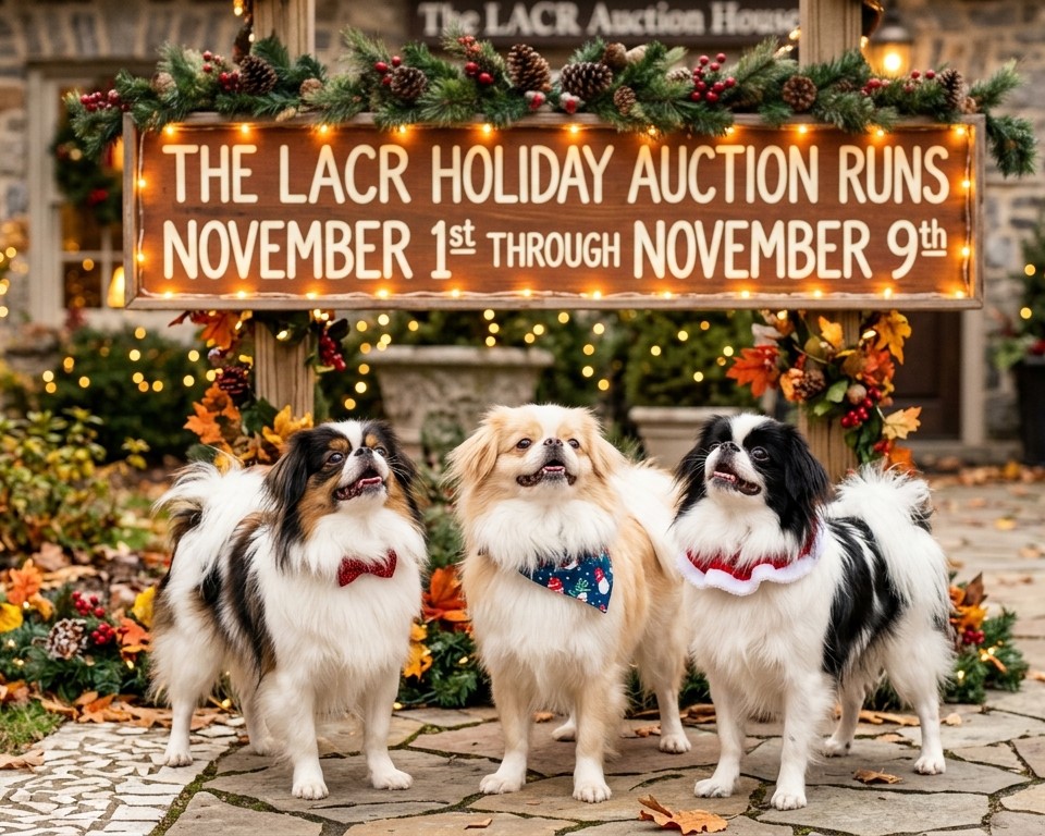 three japanese chin dogs announcing the Luv A Chin Holiday Auction dates.